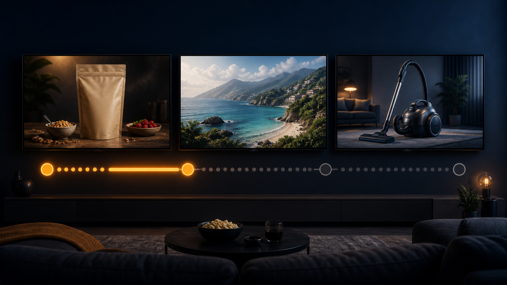 Three television screens show different fictional commercials connected by one continuous visual progress indicator.