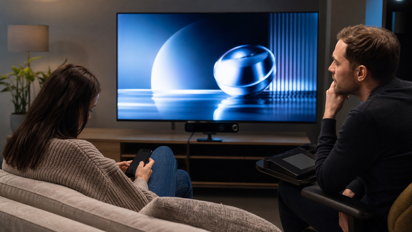 A media planner observes a test viewer who looks at a phone while a fictional commercial continues playing on a television.