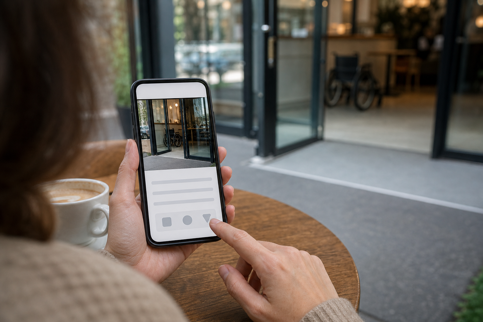 A contributor compares a phone photo with a cafe's accessible entrance while editing a draft description.