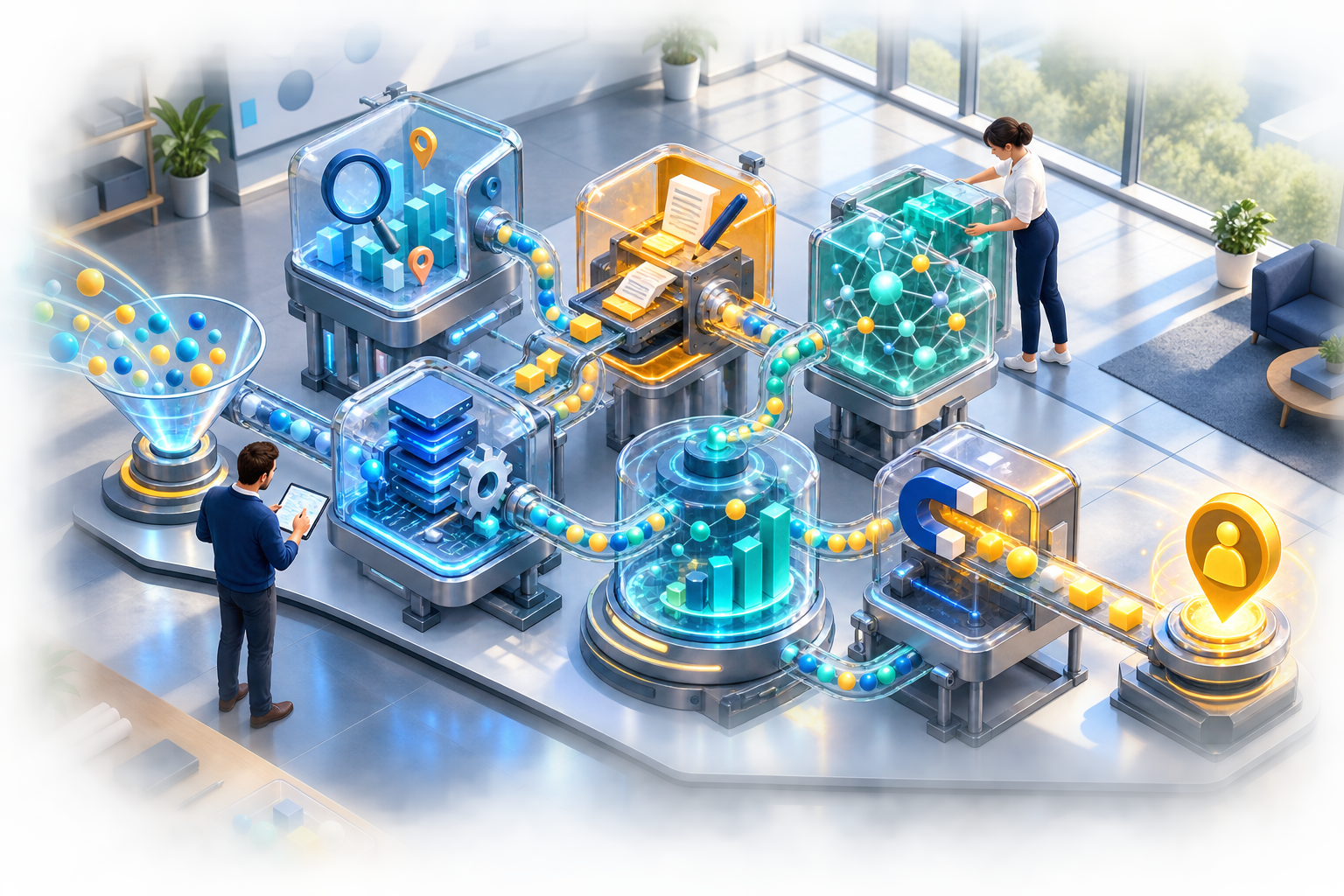 Two specialists inspect a modular system connecting research, website, content, authority, measurement, and sales opportunity symbols.