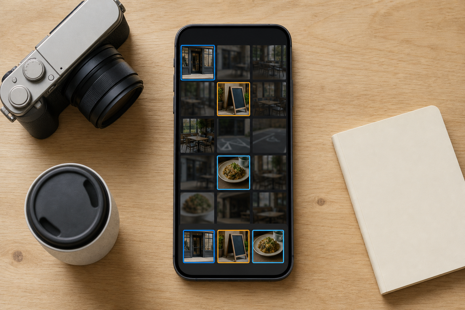 A smartphone displays selected and dimmed place-photo thumbnails arranged as a controlled publishing queue.