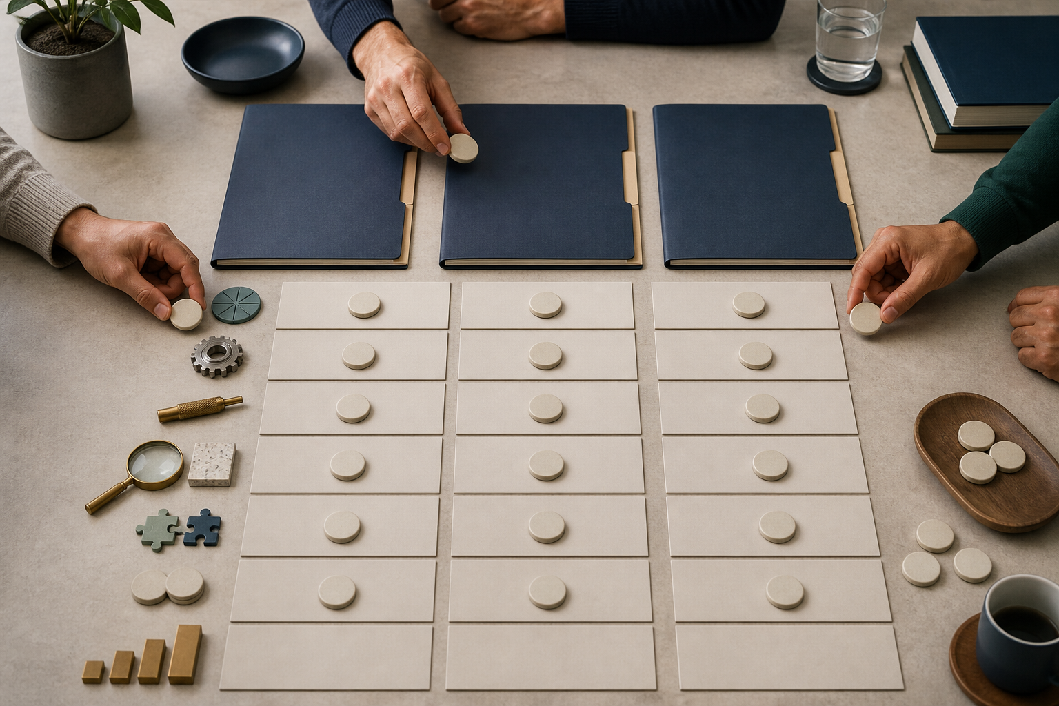 A cross-functional team uses matching tokens and blank criteria tiles to compare three anonymous agency proposal folders.