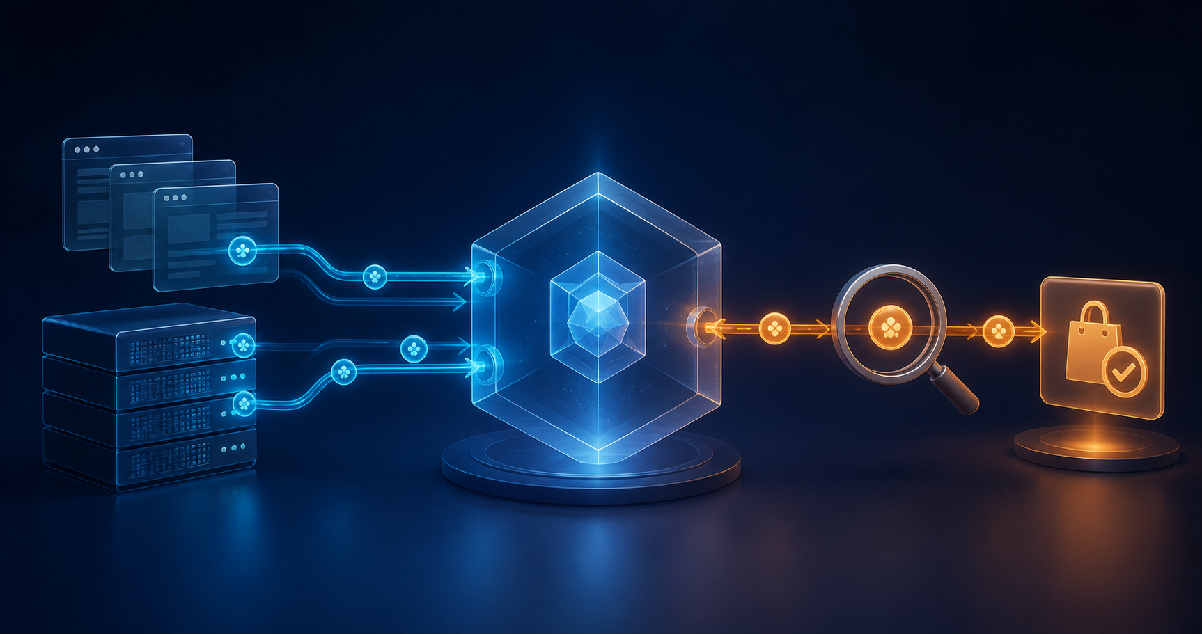A measurement hub receives separate event-collection signals on one side and an ad-to-search-to-purchase journey on the other.