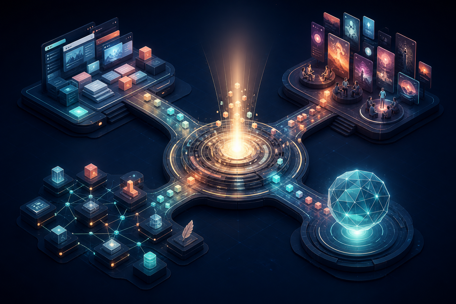 Isometric illustration of a glowing knowledge hub connected to website pages, social media tiles, independent publisher nodes and an abstract AI orb.