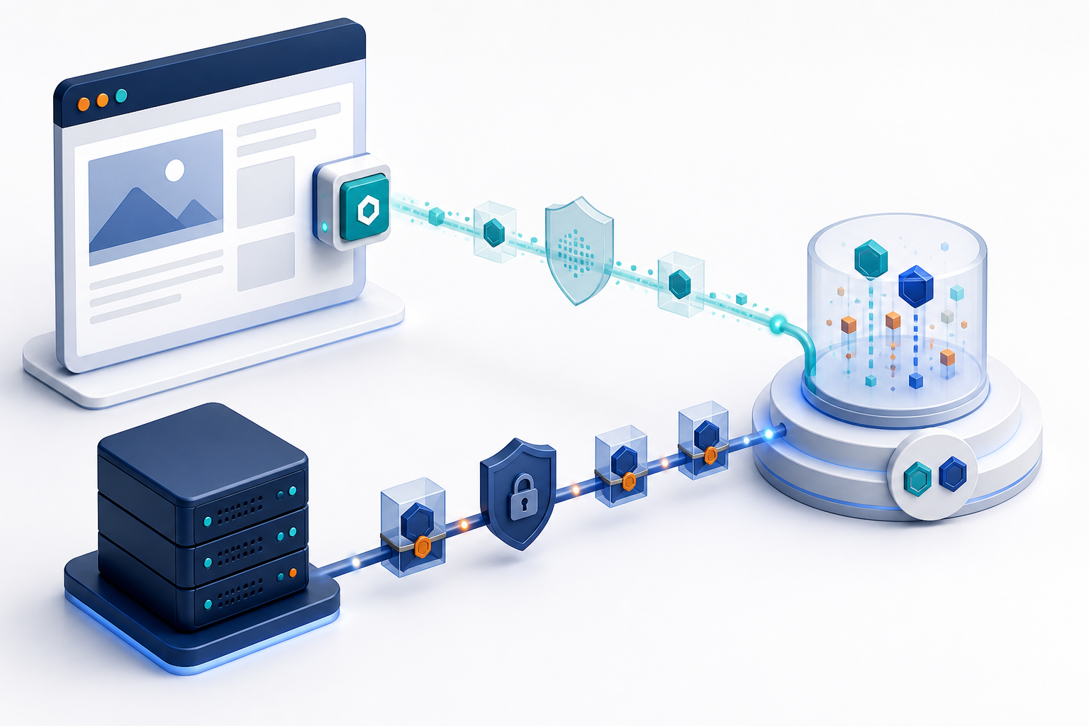 An isometric website and server send conversion-event packets through separate browser and server routes to one measurement destination.