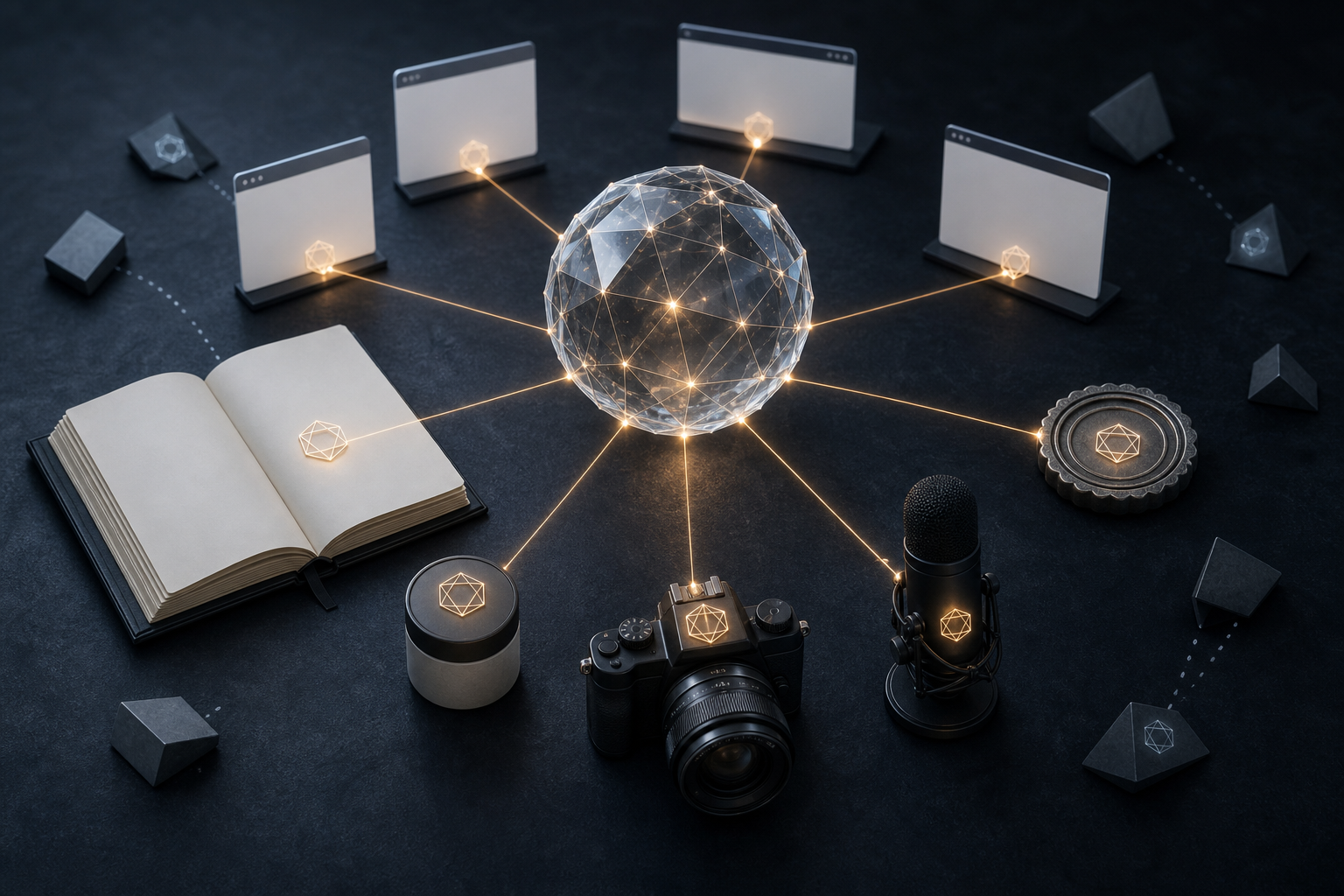Glowing threads connect an abstract AI sphere to documents, media tools, a product sample and verification tokens on a dark table.