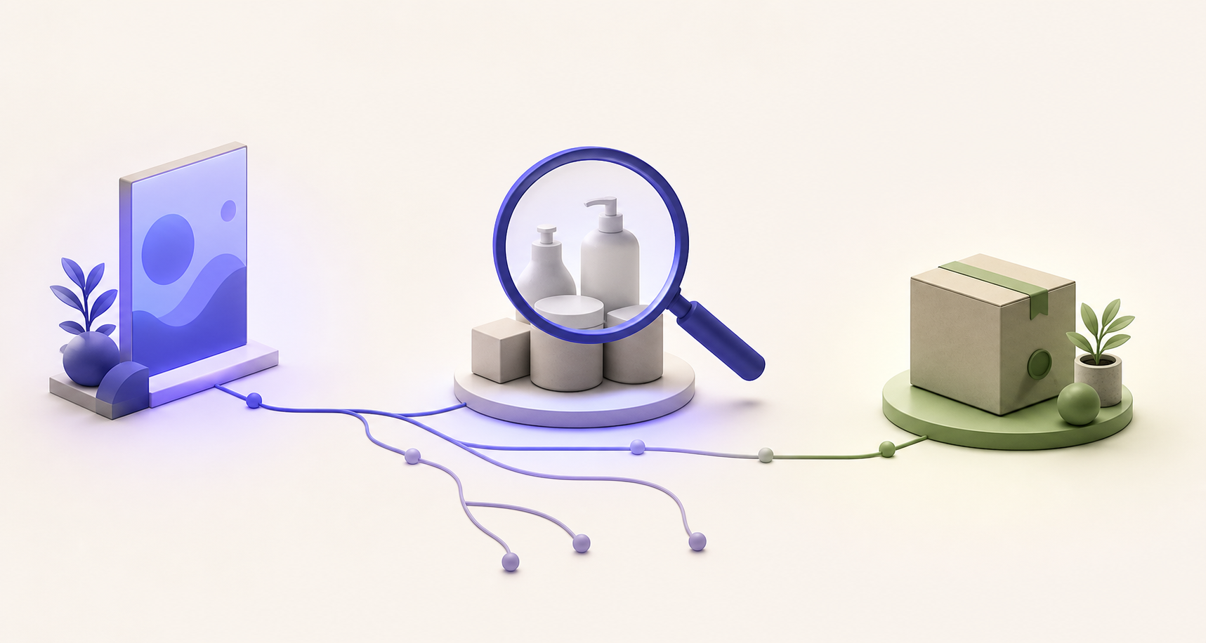 An abstract ad panel leads to a magnifying glass over products, while only one branch continues to a separate checkout package.