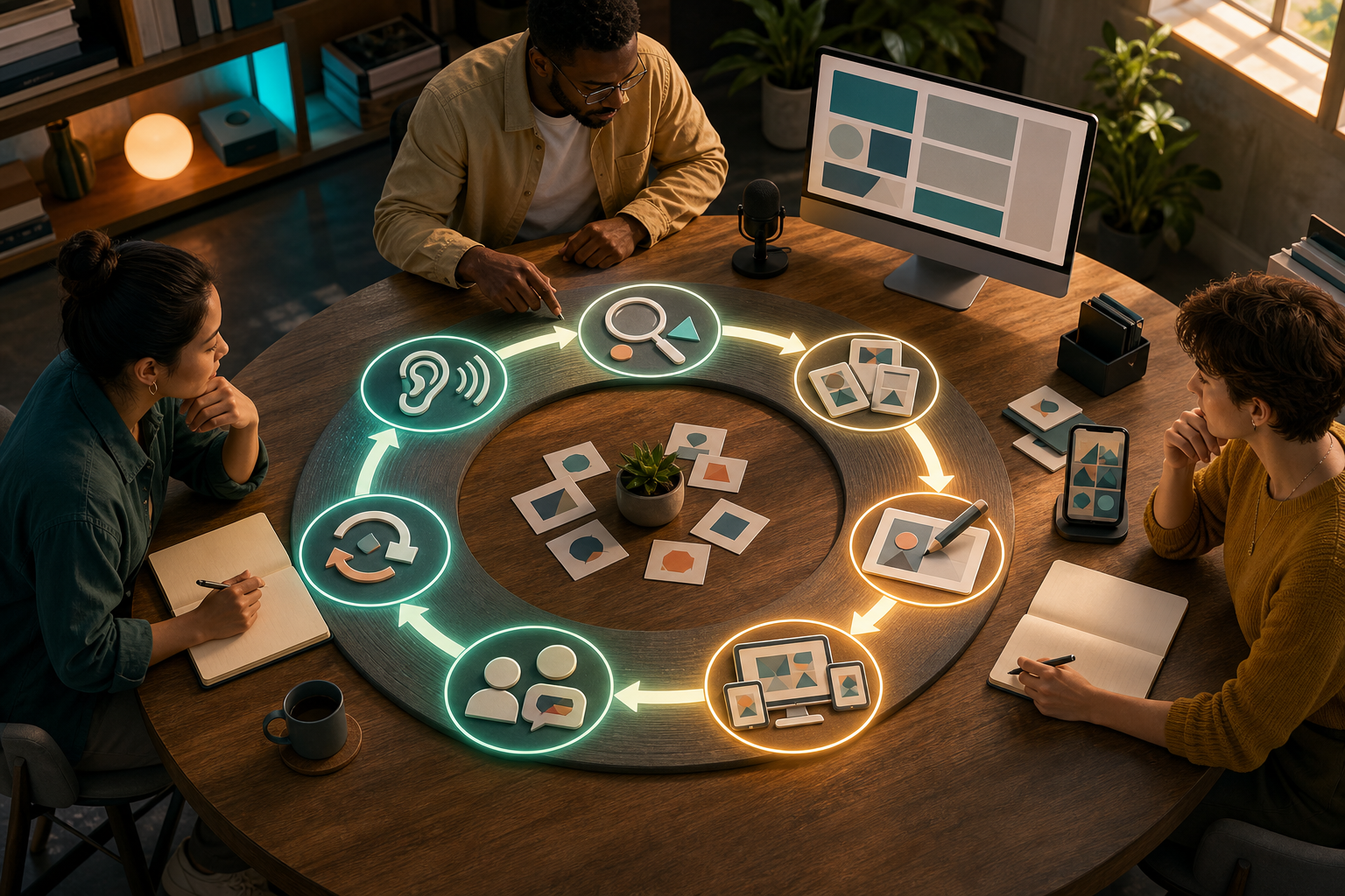 Three people collaborate around a circular illuminated workflow with a computer, phone, notebook, microphone and evidence cards.