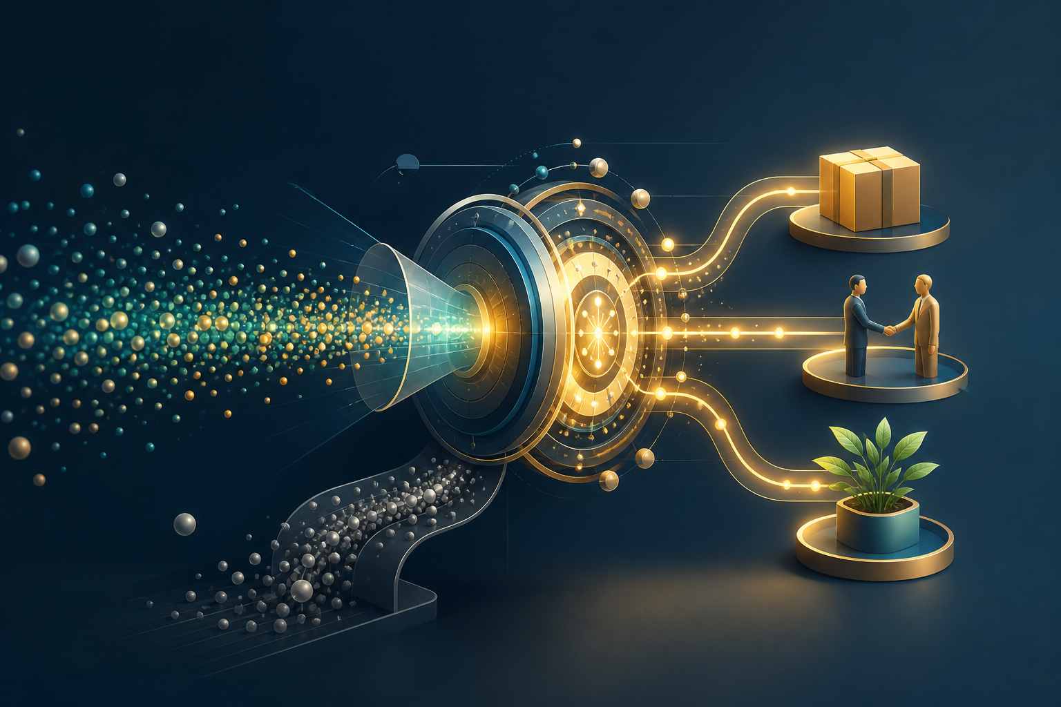 An abstract automation engine routes many incoming click signals toward purchases, customer relationships, and long-term business growth while diverting low-value activity.
