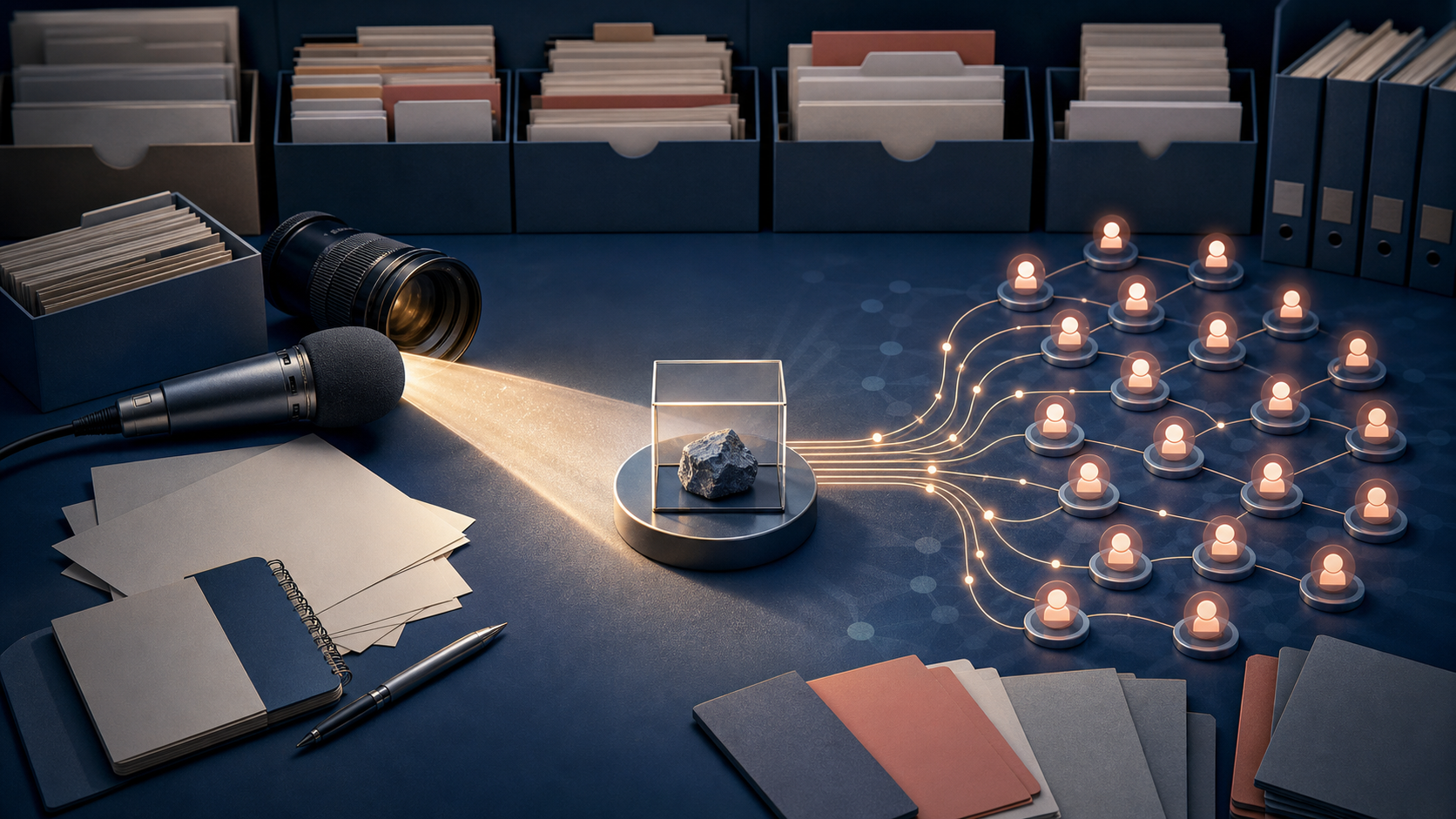 Press equipment reveals a central verified object while connected social nodes distribute it, all anchored to an organized archive of source materials.