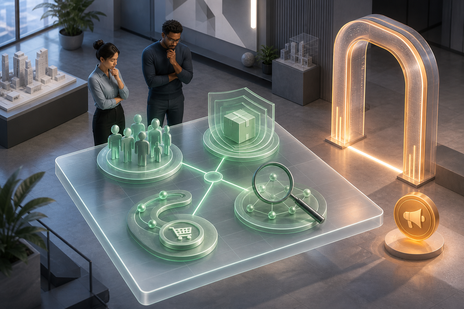 Two marketing professionals examine four visual readiness checkpoints before moving an advertising token through an illuminated gateway.