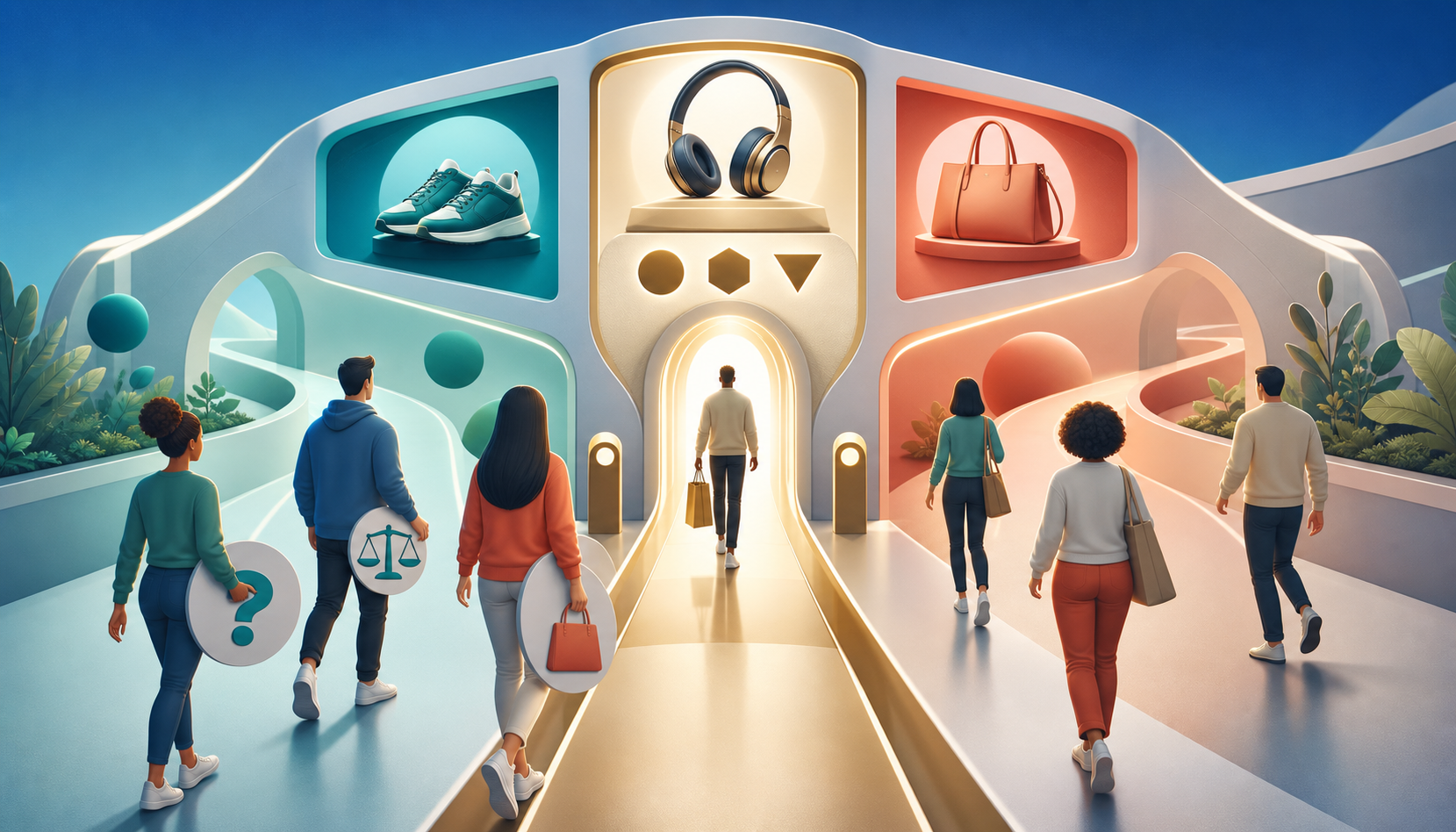 Several shoppers with different intentions approach a branching gateway that guides serious buyers toward a focused path and casual browsers toward side paths.