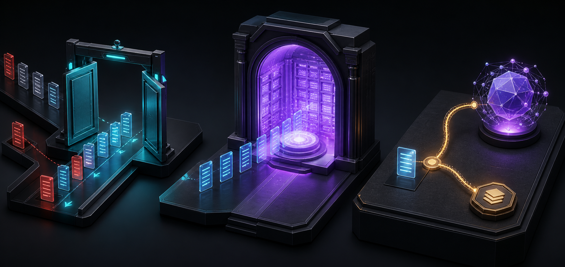 Three inspection stations separately examine whether web information passes an access gate, enters a knowledge repository, and remains linked to a source in an AI response.