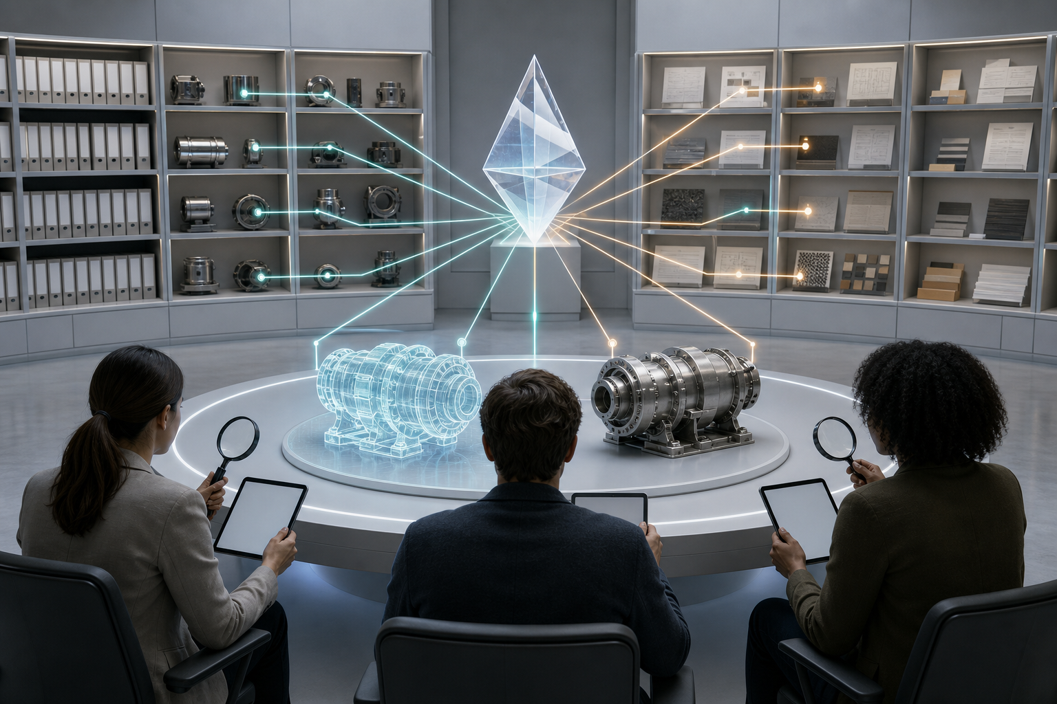 Three analysts inspect an AI-generated product model whose illuminated paths lead back to source fragments in an organized repository.