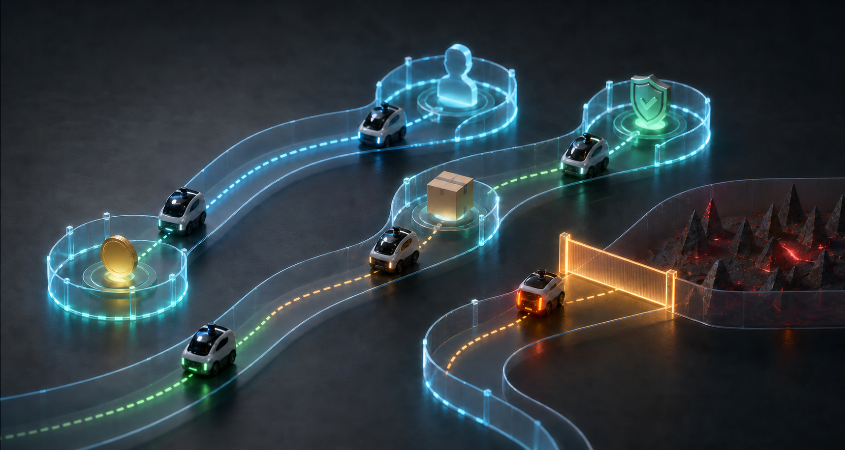 Small autonomous vehicles test multiple routes within glowing boundaries, passing business-value checkpoints while a barrier stops a risky path.