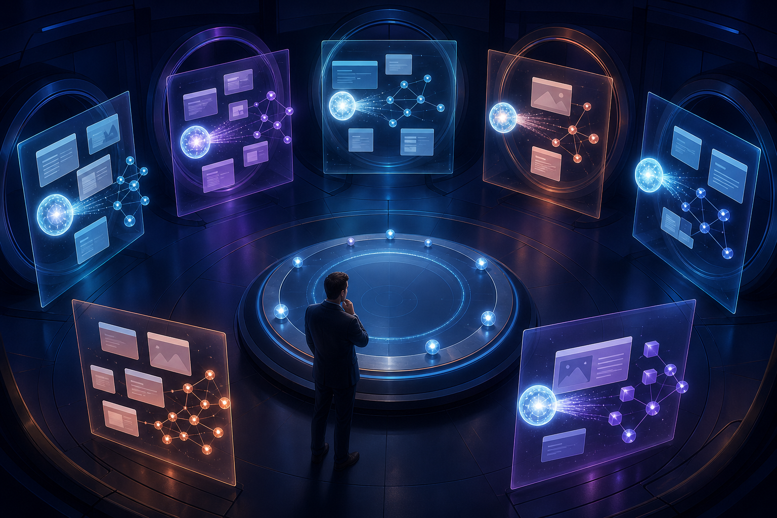 An analyst compares how identical glowing inputs produce different webpage fragments and citation markers across several answer portals.