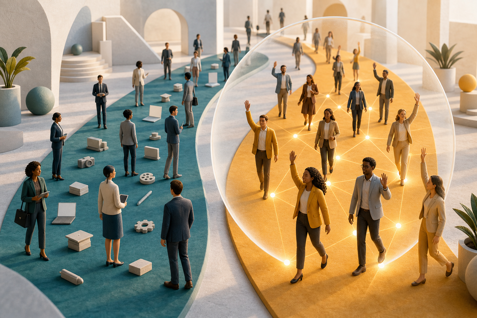 Diverse professionals move along separate teal and amber pathways while a translucent lens highlights people where fit and intent overlap.