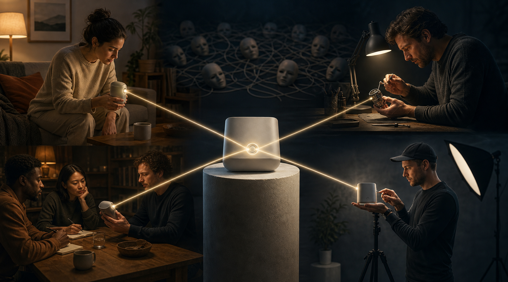 Four independent observers examine the same unbranded device from separate settings, with beams of light converging on one shared product feature while connected empty masks remain in the background.