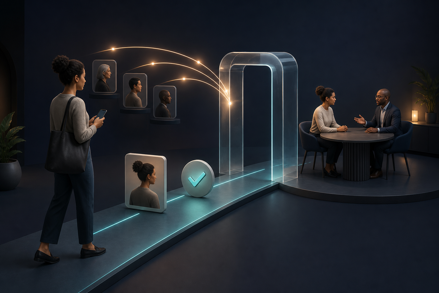 A job seeker begins on a smartphone, passes through a qualification gateway, and reaches an interview table while glowing connections loop back to other interested candidates.