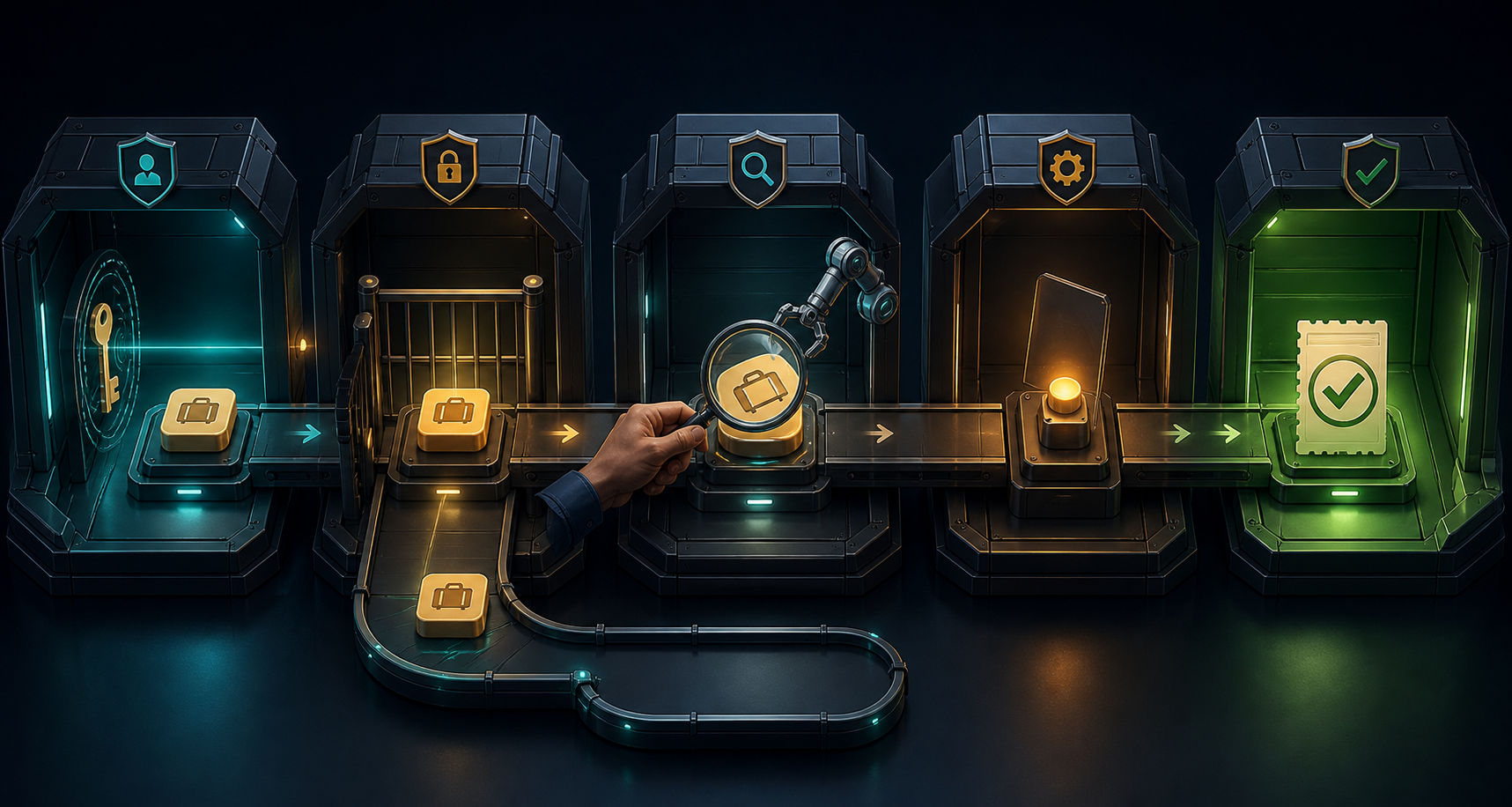 A transaction object passes through guarded verification, review, execution, and confirmation chambers while a duplicate action token is diverted into a holding loop.