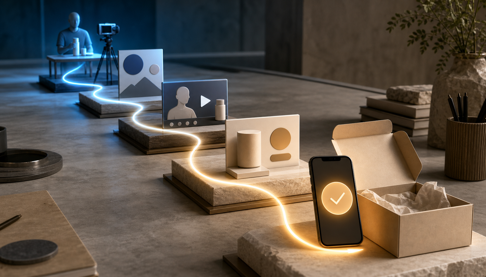 A product purchase in the foreground connects backward through an offer, creator content, paid distribution, and content production.