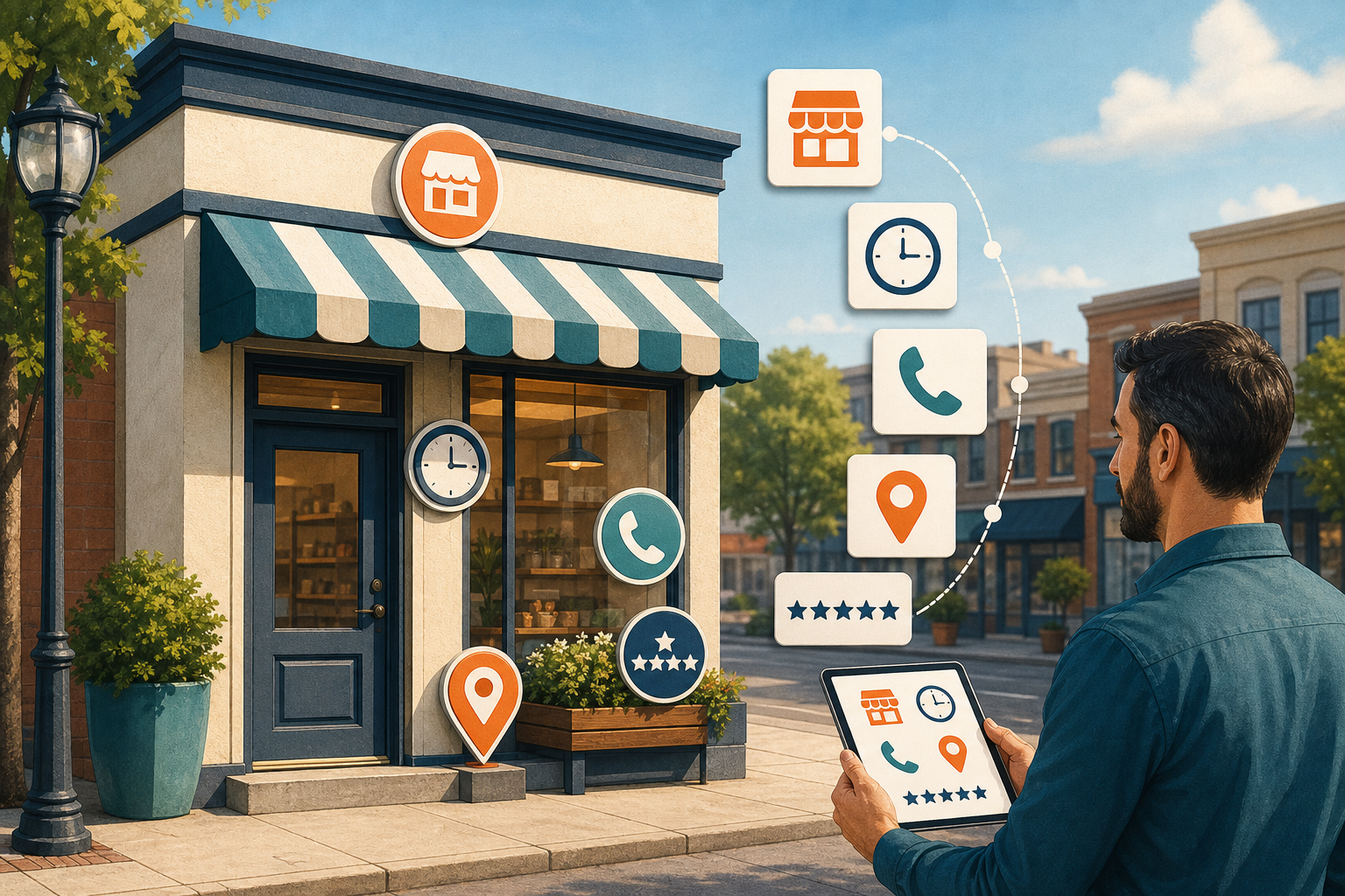 A business owner uses a tablet while five icon-based checkpoints surround a neighborhood storefront, including a map pin, clock, phone, category symbol, and rating stars.