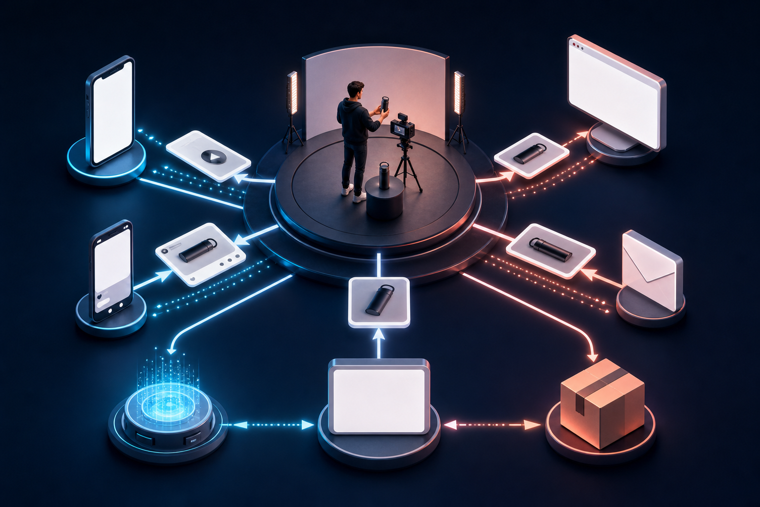 A creator filming a product is connected by glowing paths to multiple content, shopping, advertising, order, and measurement touchpoints.