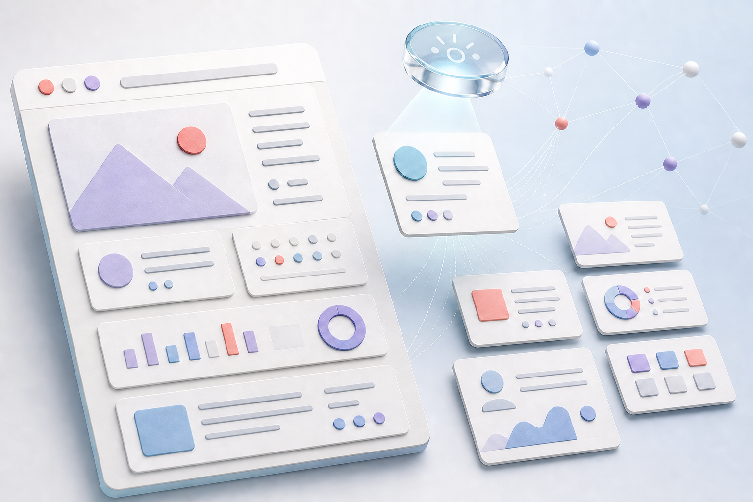 A digital page separates into modular content cards while an AI lens selects one card and links it to a network of entities.