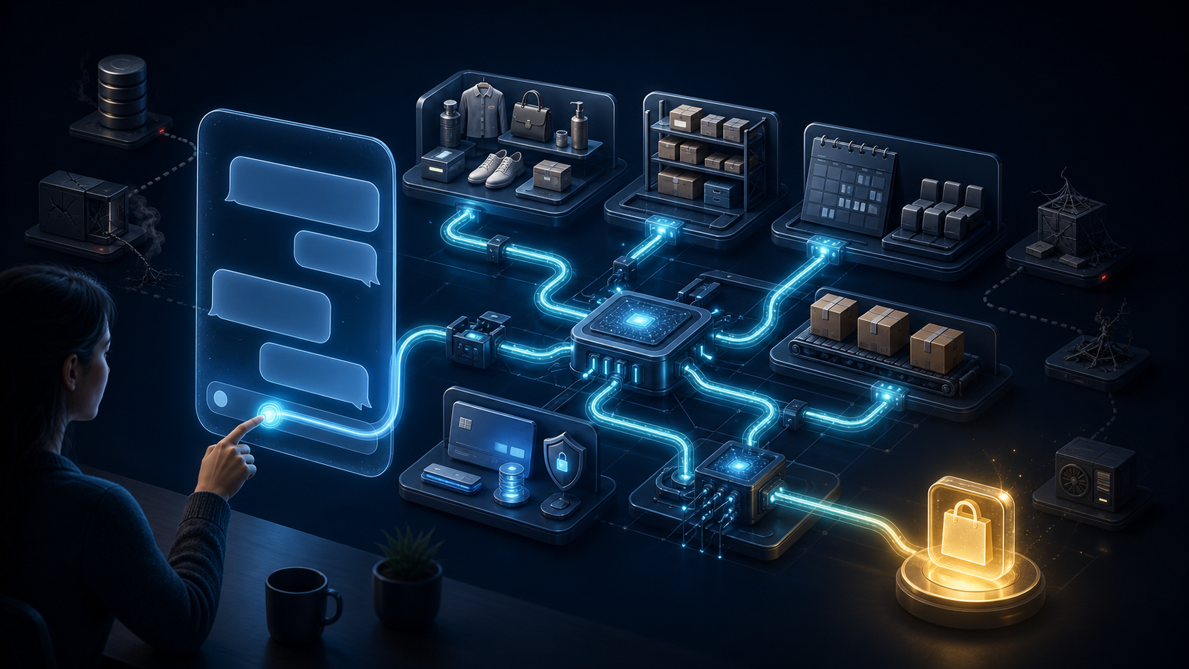 A generic conversational interface connects to product, inventory, reservation, payment, and fulfillment systems that support a completed transaction.