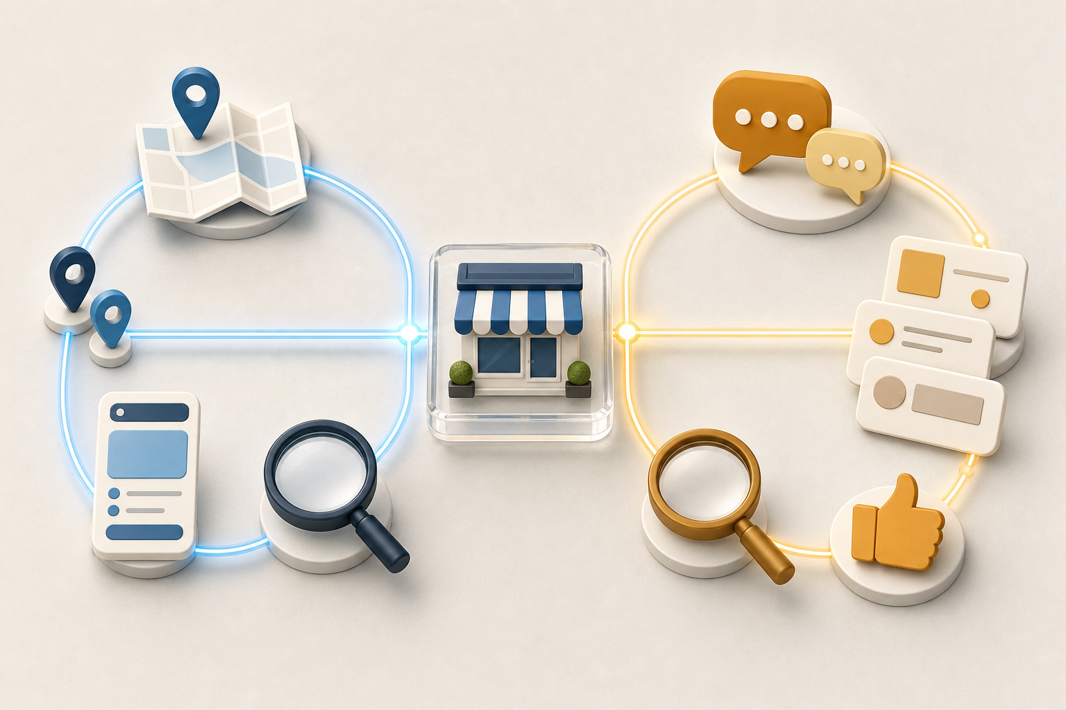 Two separate circular icon loops for map search and conversational recommendations connect to the same miniature storefront.