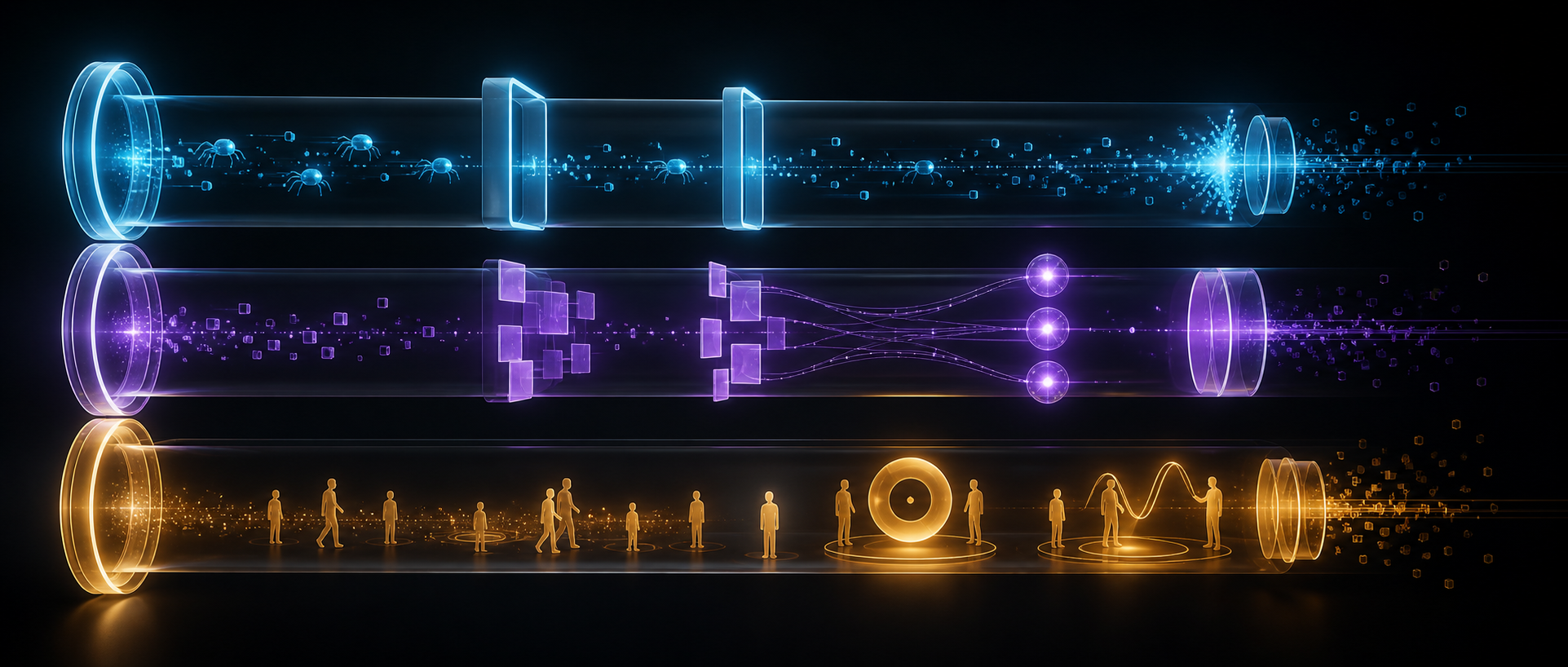 Three parallel visual channels depict content access, citation connections, and human outcomes using abstract gateways, fragments, and symbols.