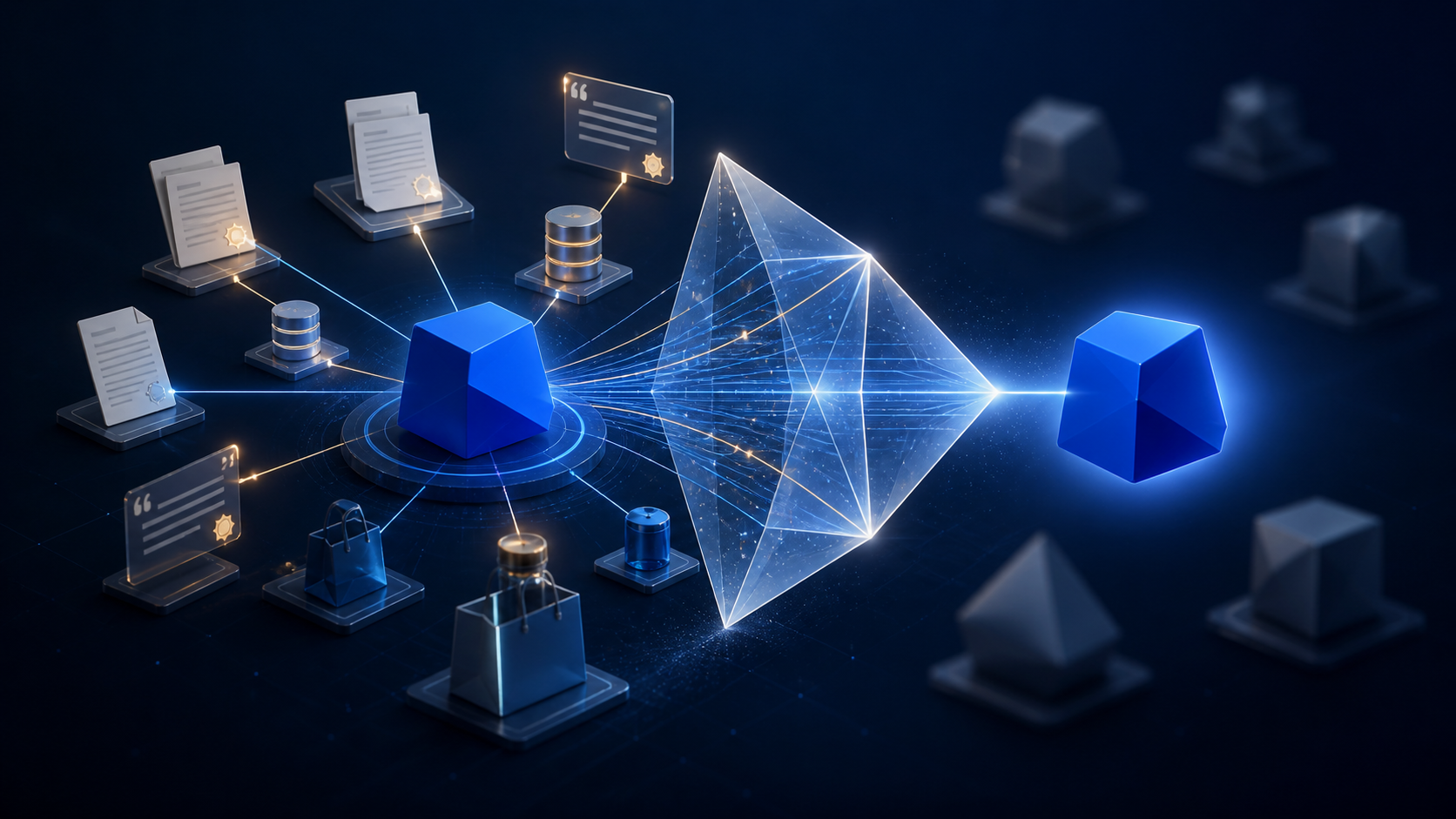 A blue geometric brand symbol is connected to documents and data objects, with a translucent prism projecting it clearly from a dark information field.