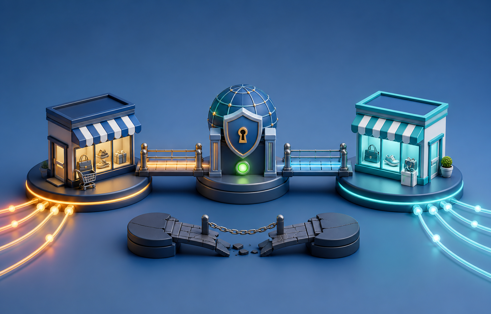 Two miniature online storefronts are connected through a secure verification gateway, with the original store remaining active until the new destination is confirmed.