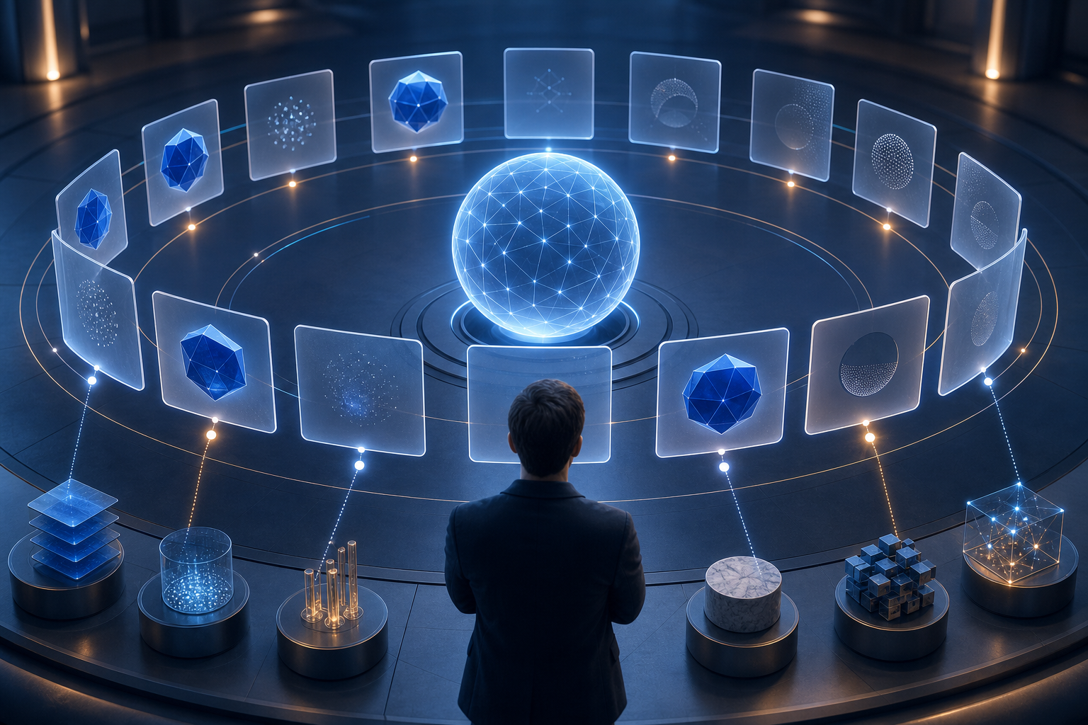 An analyst examines translucent answer panels surrounding a glowing sphere, with a blue object appearing clearly in some panels and faintly or not at all in others.