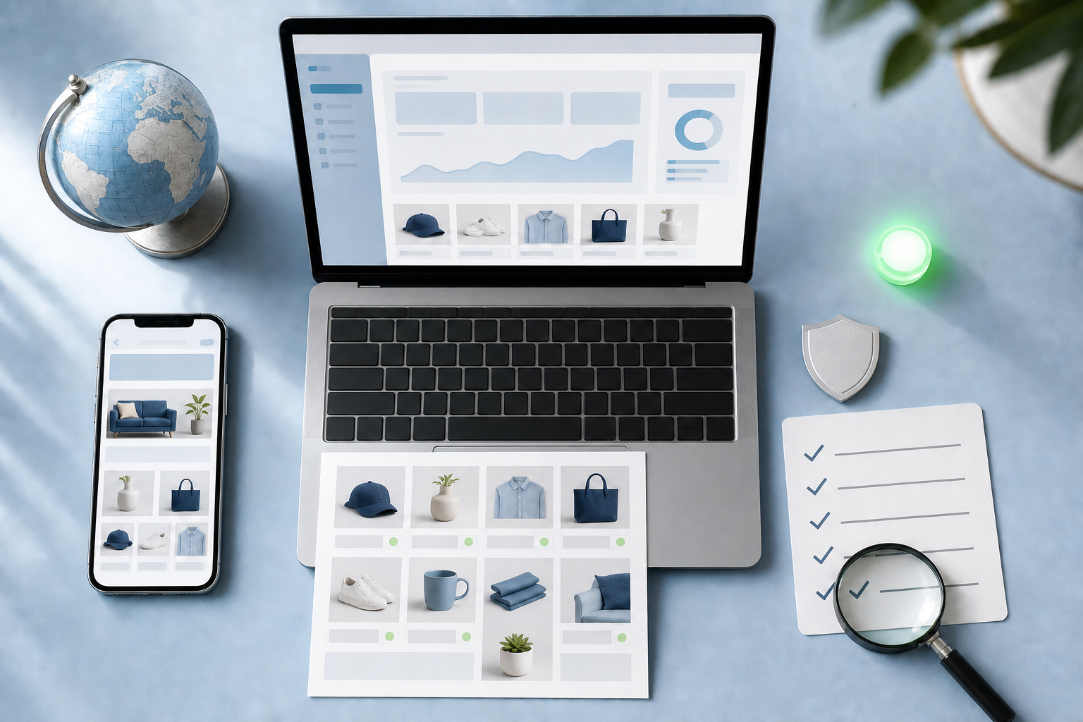 An organized desk displays an unbranded merchant dashboard, storefront preview, globe, product tiles, shield token, and a checked preflight card.