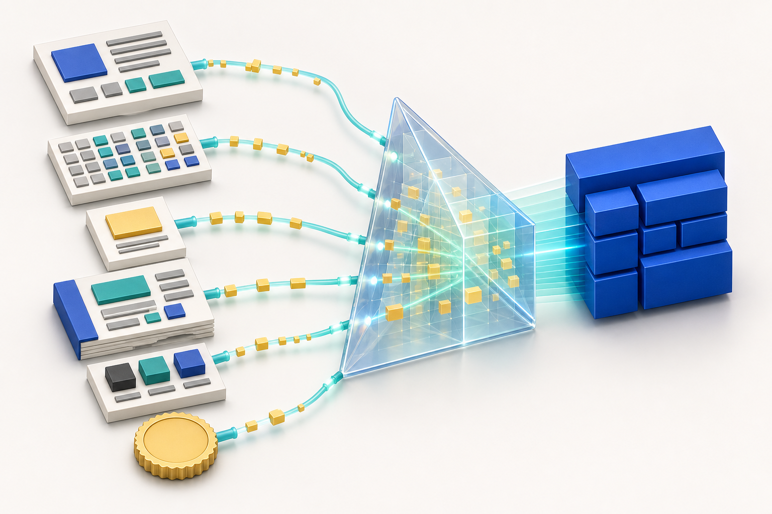 Organized documents, specification blocks, and verification objects connect through glowing paths to a transparent prism that assembles a coherent blue object.