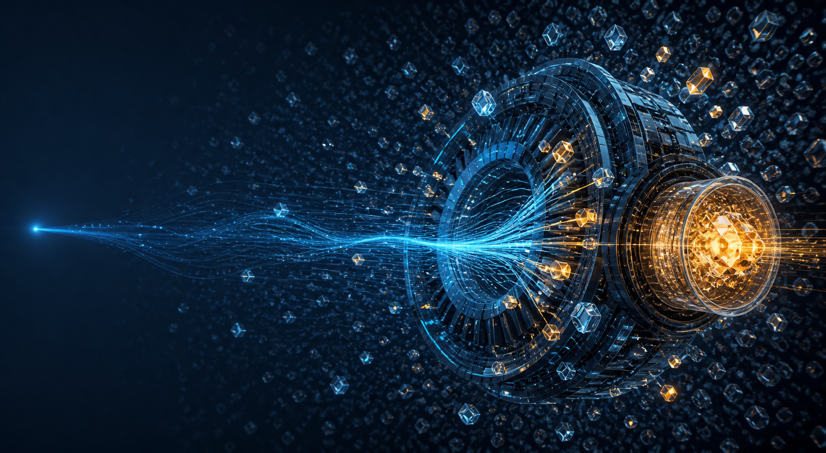 A glowing query pulse moves through a large field of crystalline information fragments and draws selected fragments into a focused retrieval chamber.