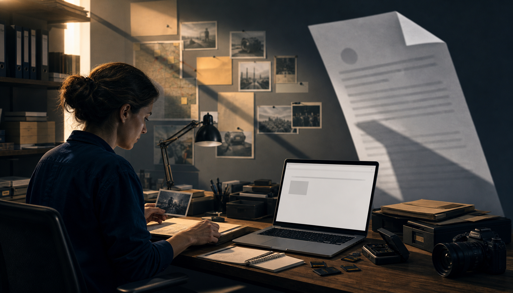 An editor preserves reporting materials at a newsroom desk while a symbolic legal notice casts a shadow over investigative documents.
