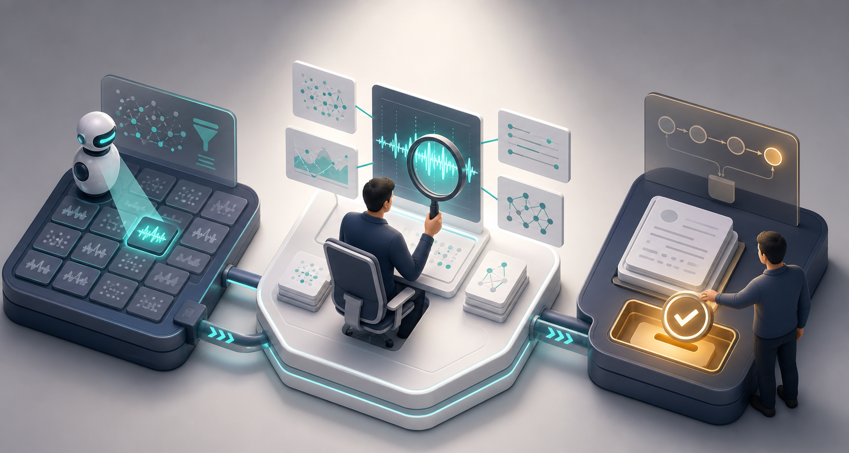 Three connected workstations depict an AI detecting a change, an analyst verifying evidence, and a reviewed action being documented.
