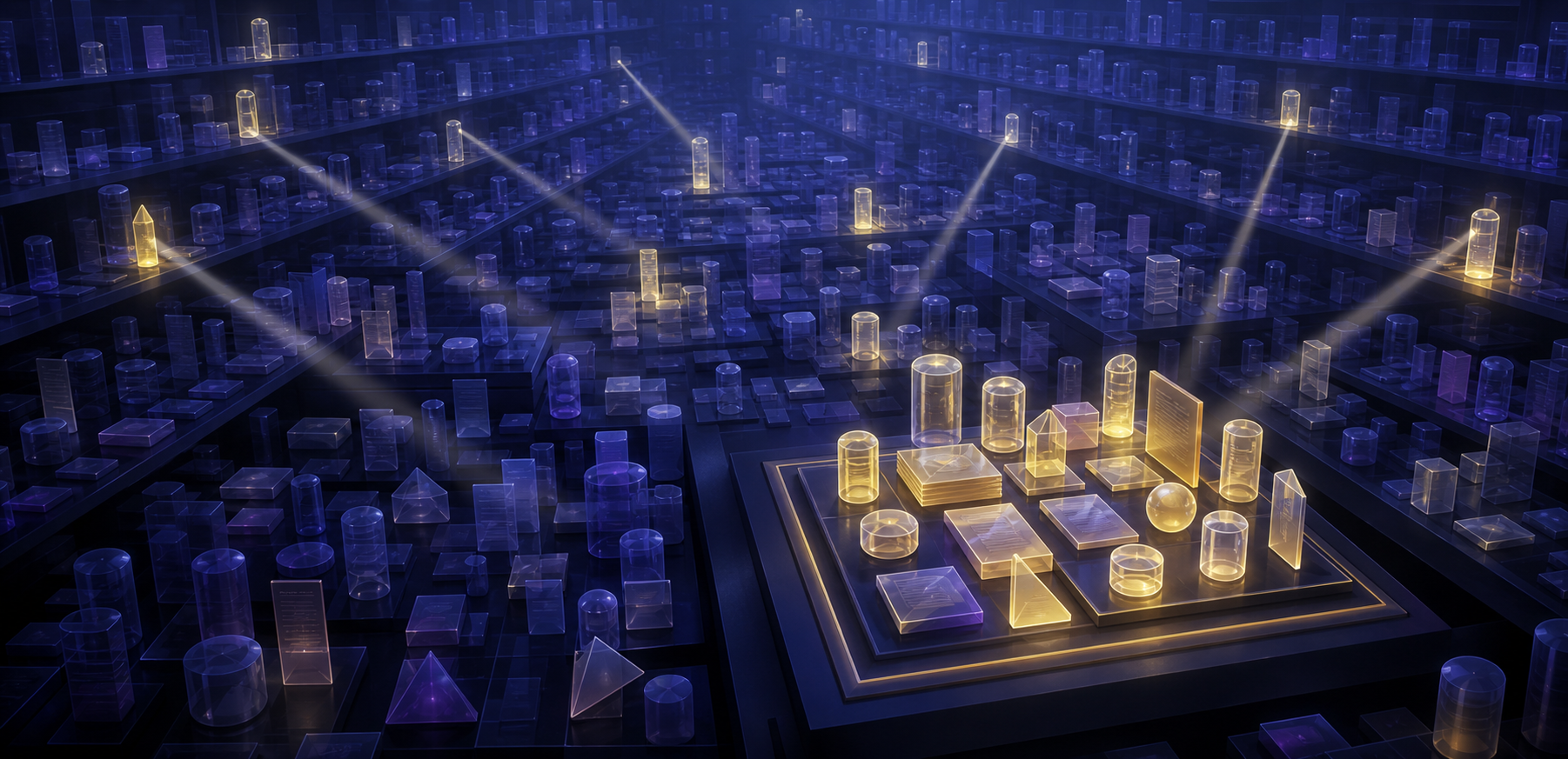 Scanning beams illuminate relevant capsules and document-like tiles across a vast abstract archive, with selected items grouped in the foreground.