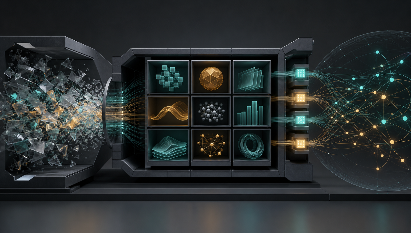 Disordered translucent fragments are reorganized into clear modular content blocks before becoming compact glowing vectors.