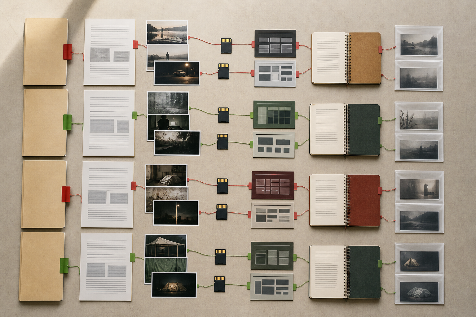Original files, notes, photographs, metadata panels, and archival sleeves are organized into paired evidence groups on a worktable.