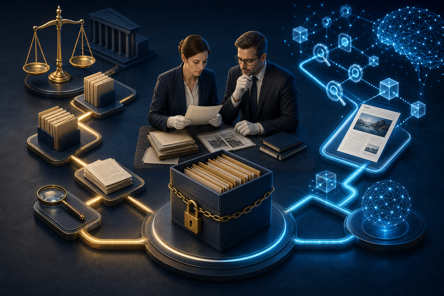 An editor and counsel stand beside preserved files as parallel paths lead toward a legal process and an abstract online discovery network.