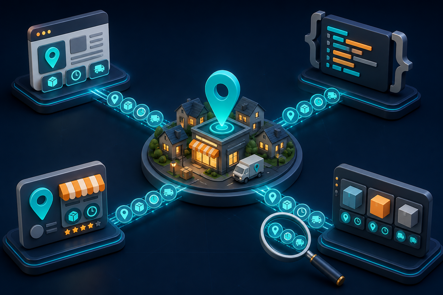 Matching location and business-detail symbols connect a miniature neighborhood with webpage, code, profile, and product-feed stations.
