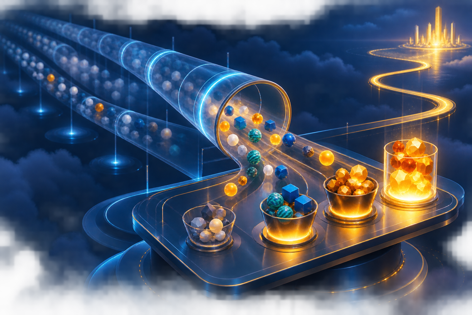 Lead tokens pass through a long time tunnel before matured groups are sorted into illuminated value categories, with a separate path continuing toward eventual revenue.