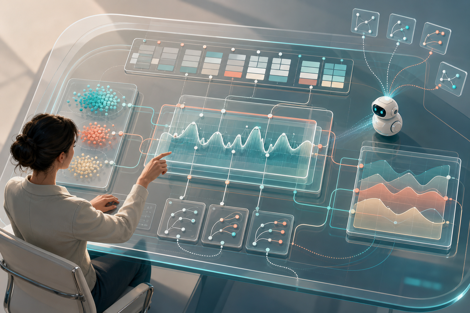 Analyst examines a transparent dashboard where one performance signal is linked to time, audience, campaign-change, and comparison context.