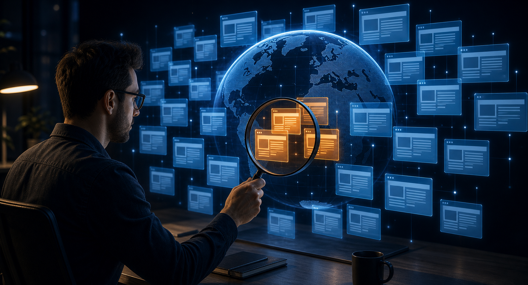 An analyst examines a small amber cluster of generic webpage panels surrounding a glowing globe while the remaining panels stay blue.