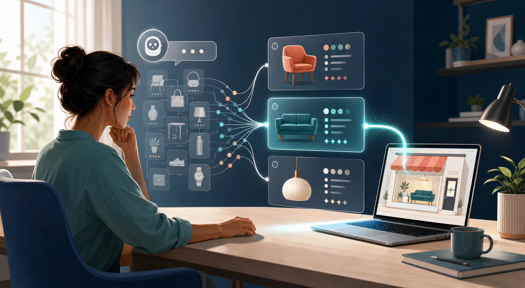 A shopper uses a laptop as an abstract AI conversation narrows many unbranded products into a short list and a path to an online store.