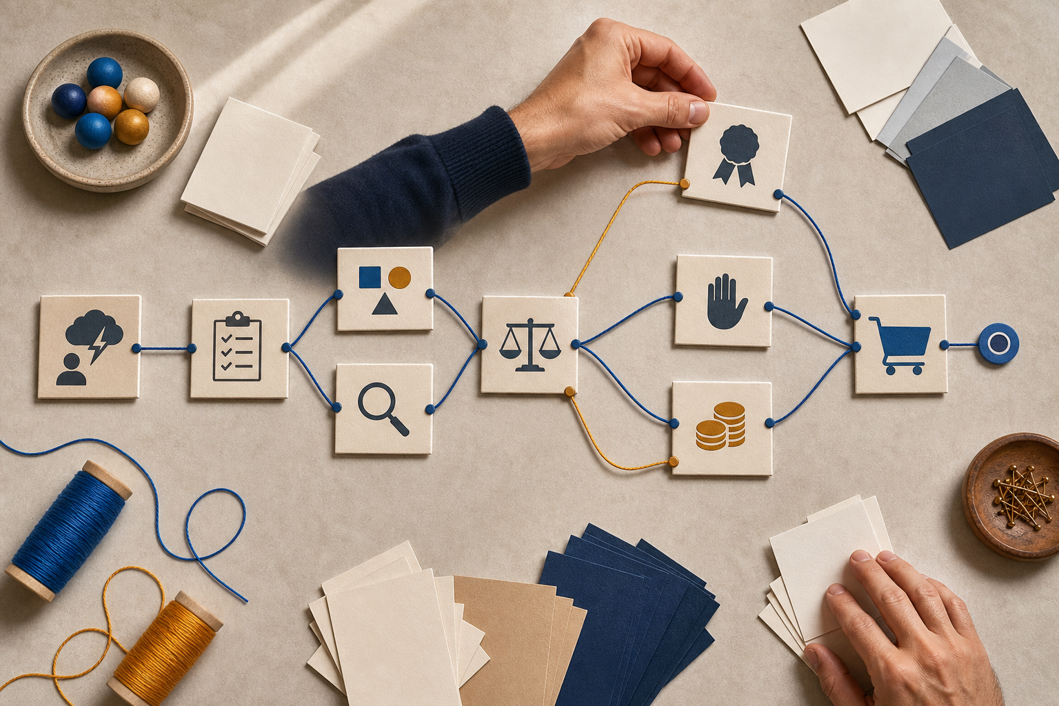Hands arrange pictogram tiles and colored threads into a branching customer decision journey on a tabletop.