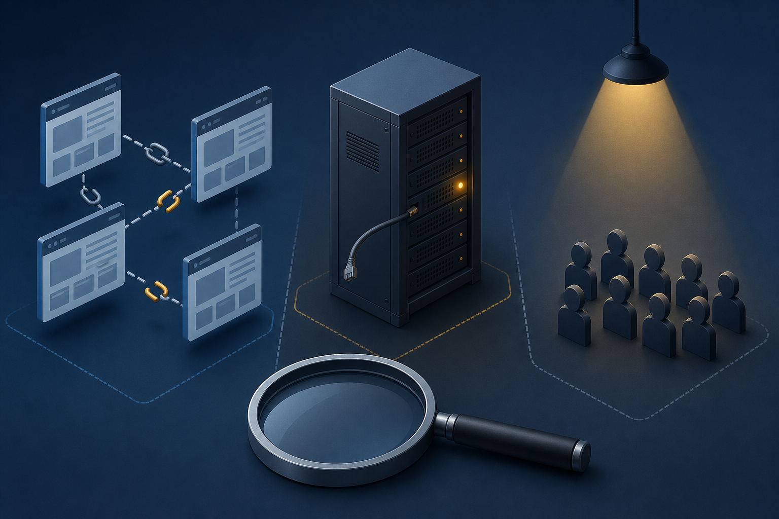 A digital investigation scene shows webpage modules, a server rack with a loose cable, and audience silhouettes in three separate areas.